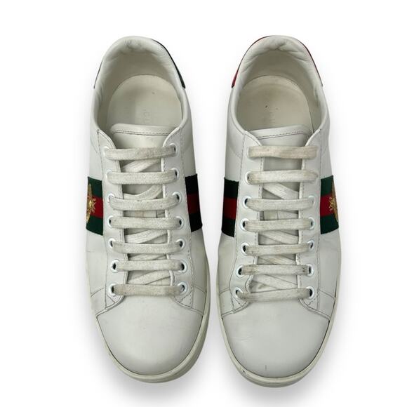 Gucci Ace Web Low Top Sneaker Embroidered Bee Motif White Leather 37.5 Women’s - Picture 3 of 14